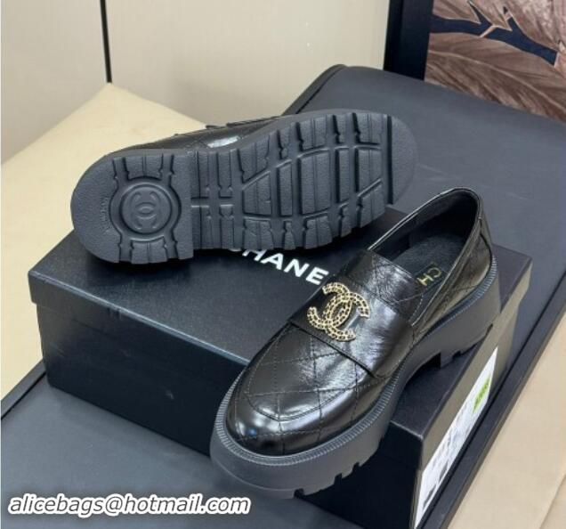 Low Cost Chanel Quilted Oil Calfskin Platform Loafers 4.5cm with Chain CC Black 1017038