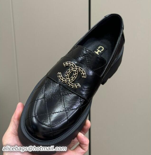 Low Cost Chanel Quilted Oil Calfskin Platform Loafers 4.5cm with Chain CC Black 1017038