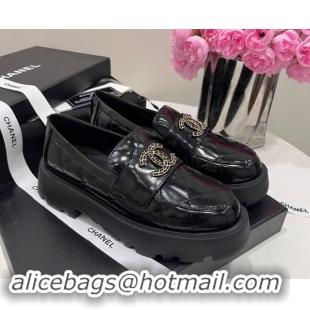 Duplicate Chanel Quilted Lambskin Platform Loafers 4.5cm with Chain CC Black 1017039