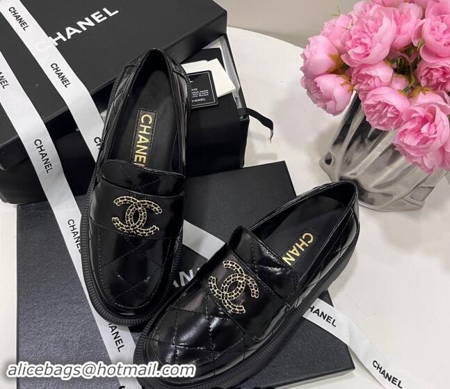 Duplicate Chanel Quilted Lambskin Platform Loafers 4.5cm with Chain CC Black 1017039