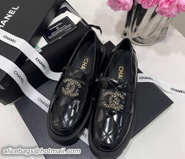 Duplicate Chanel Quilted Lambskin Platform Loafers 4.5cm with Chain CC Black 1017039