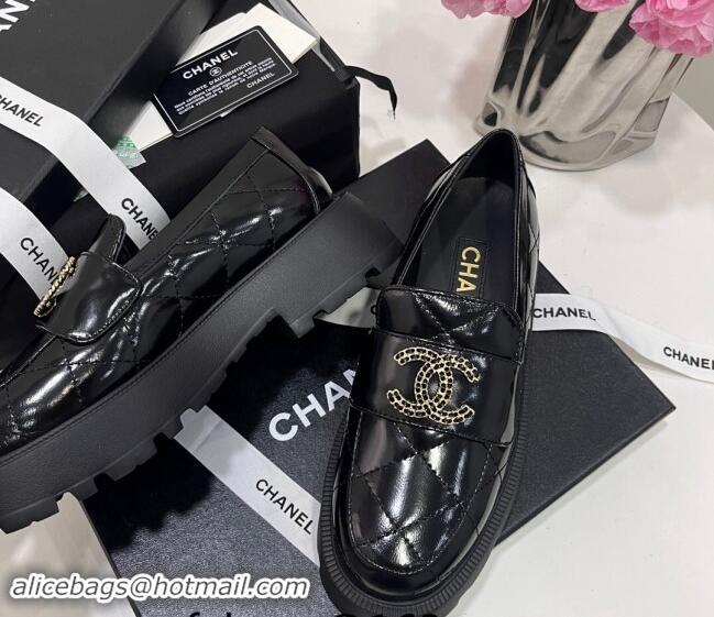 Duplicate Chanel Quilted Lambskin Platform Loafers 4.5cm with Chain CC Black 1017039