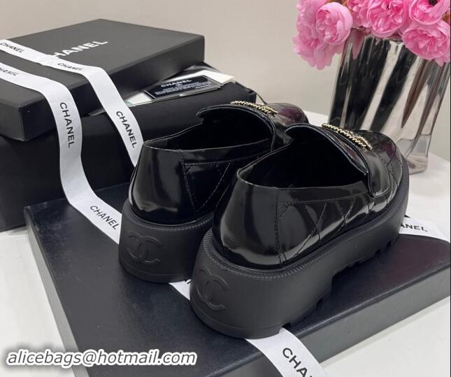 Top Grade Chanel Patent Calfskin Platform Loafers 4.5cm with Chain CC Black 1017040