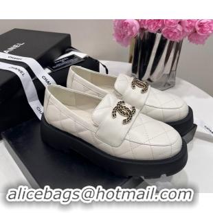 Hot Style Chanel Quilted Lambskin Platform Loafers 4.5cm with Chain CC White 1017041