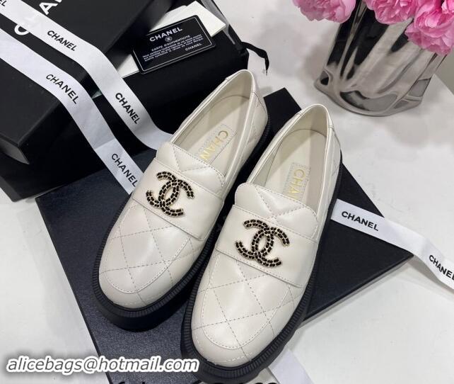 Hot Style Chanel Quilted Lambskin Platform Loafers 4.5cm with Chain CC White 1017041