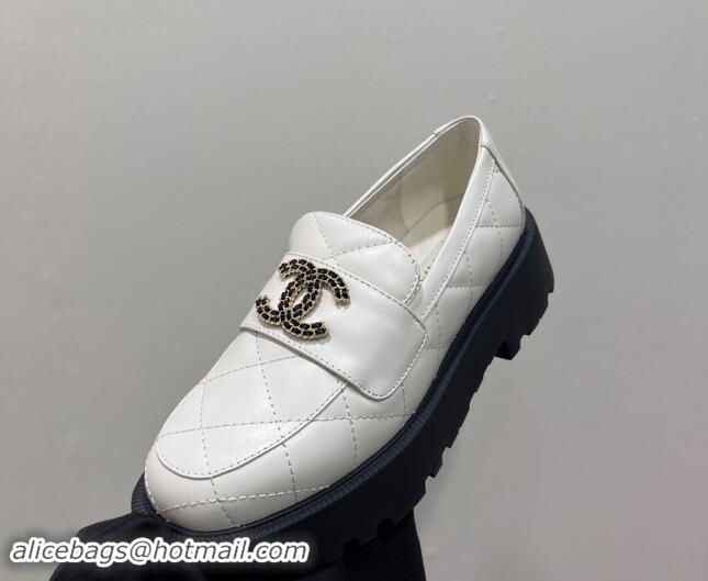 Hot Style Chanel Quilted Lambskin Platform Loafers 4.5cm with Chain CC White 1017041