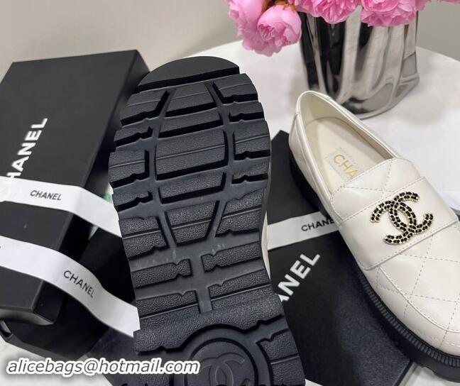 Hot Style Chanel Quilted Lambskin Platform Loafers 4.5cm with Chain CC White 1017041