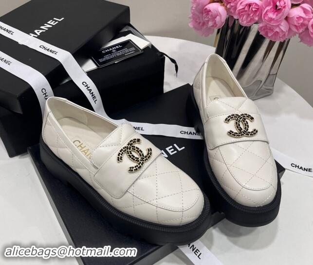 Hot Style Chanel Quilted Lambskin Platform Loafers 4.5cm with Chain CC White 1017041