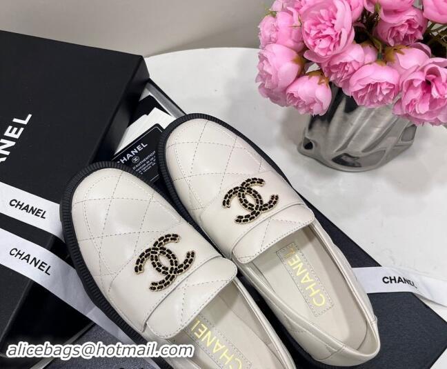 Hot Style Chanel Quilted Lambskin Platform Loafers 4.5cm with Chain CC White 1017041