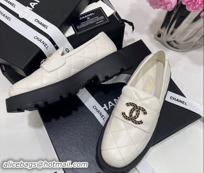 Hot Style Chanel Quilted Lambskin Platform Loafers 4.5cm with Chain CC White 1017041