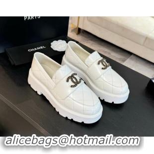 Stylish Chanel Quilted Shiny Calfskin Platform Loafers 5.5cm with Chain CC White 1017042