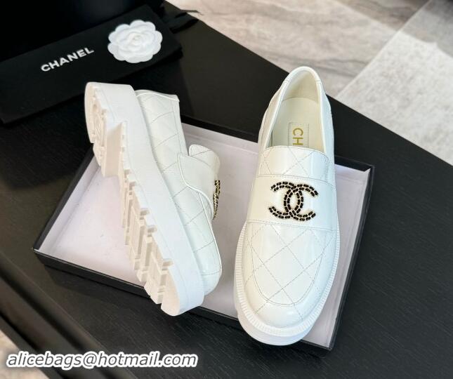 Stylish Chanel Quilted Shiny Calfskin Platform Loafers 5.5cm with Chain CC White 1017042