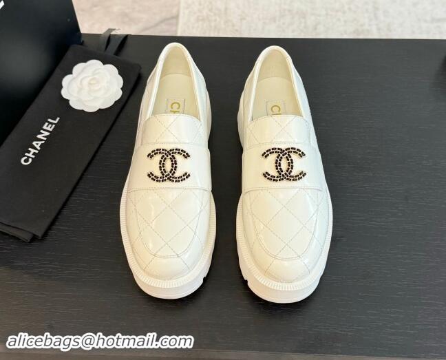 Stylish Chanel Quilted Shiny Calfskin Platform Loafers 5.5cm with Chain CC White 1017042