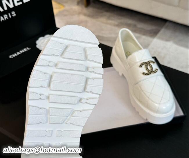 Stylish Chanel Quilted Shiny Calfskin Platform Loafers 5.5cm with Chain CC White 1017042