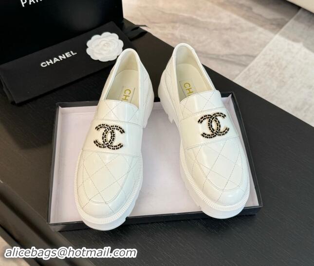 Stylish Chanel Quilted Shiny Calfskin Platform Loafers 5.5cm with Chain CC White 1017042