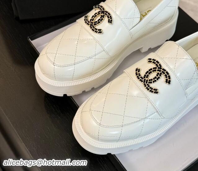 Stylish Chanel Quilted Shiny Calfskin Platform Loafers 5.5cm with Chain CC White 1017042