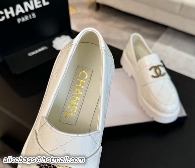 Stylish Chanel Quilted Shiny Calfskin Platform Loafers 5.5cm with Chain CC White 1017042