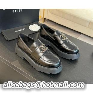 Duplicate Chanel Quilted Shiny Calfskin Platform Loafers 5.5cm with Chain CC Black 1017043