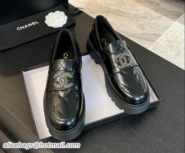 Duplicate Chanel Quilted Shiny Calfskin Platform Loafers 5.5cm with Chain CC Black 1017043