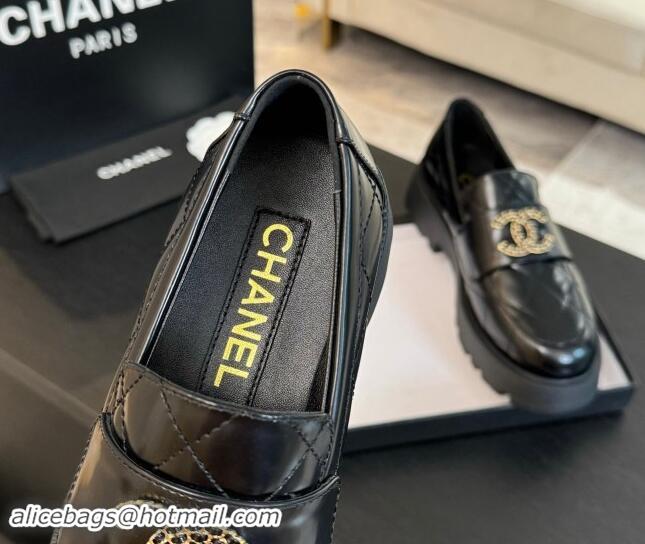 Duplicate Chanel Quilted Shiny Calfskin Platform Loafers 5.5cm with Chain CC Black 1017043