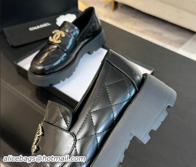 Duplicate Chanel Quilted Shiny Calfskin Platform Loafers 5.5cm with Chain CC Black 1017043