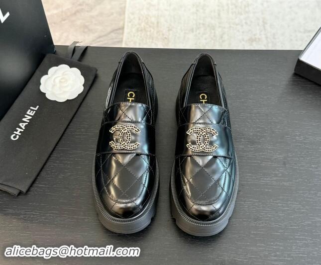 Duplicate Chanel Quilted Shiny Calfskin Platform Loafers 5.5cm with Chain CC Black 1017043