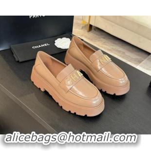 Durable Chanel Shiny Calfskin Platform Loafers 5.5cm with Letters Light Brown 1017044