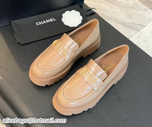 Durable Chanel Shiny Calfskin Platform Loafers 5.5cm with Letters Light Brown 1017044