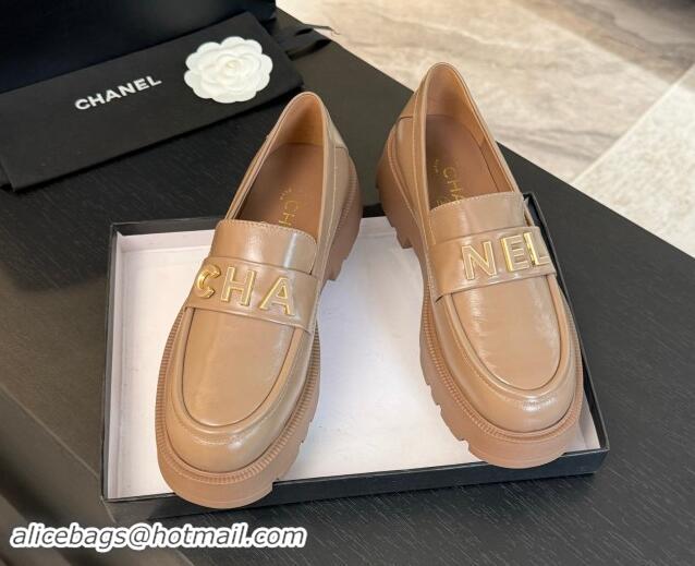 Durable Chanel Shiny Calfskin Platform Loafers 5.5cm with Letters Light Brown 1017044