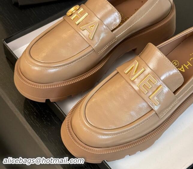 Durable Chanel Shiny Calfskin Platform Loafers 5.5cm with Letters Light Brown 1017044