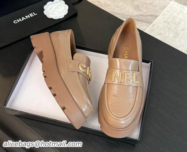 Durable Chanel Shiny Calfskin Platform Loafers 5.5cm with Letters Light Brown 1017044