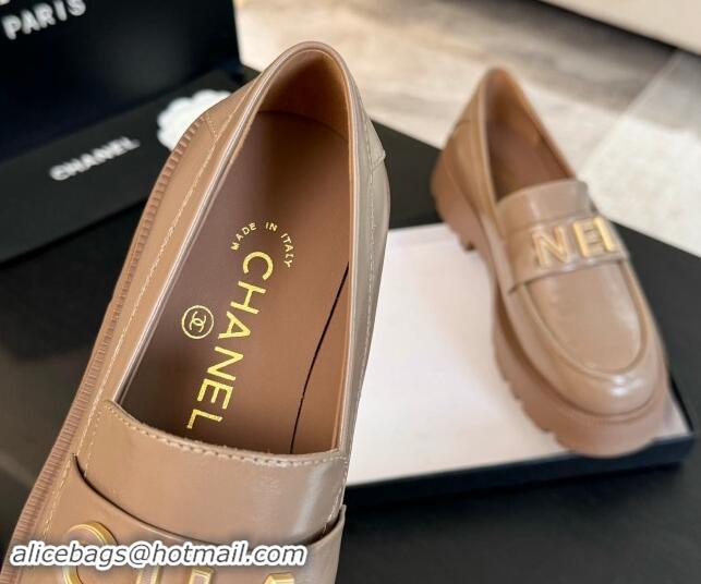 Durable Chanel Shiny Calfskin Platform Loafers 5.5cm with Letters Light Brown 1017044