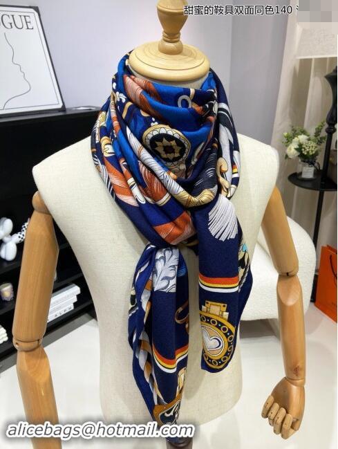 Best Quality Hermes Cashmere & Silk Sqaure Shawl Scarf 140cm H8633 Black/Blue 2024