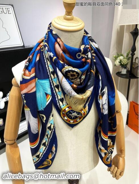 Best Quality Hermes Cashmere & Silk Sqaure Shawl Scarf 140cm H8633 Black/Blue 2024