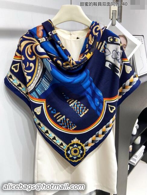 Best Quality Hermes Cashmere & Silk Sqaure Shawl Scarf 140cm H8633 Black/Blue 2024