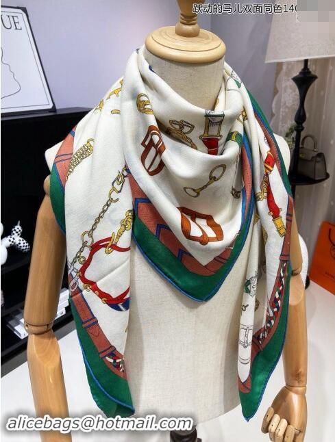 Well Crafted Hermes Cashmere & Silk Sqaure Shawl Scarf 140cm H8635 Beige/Green 2024