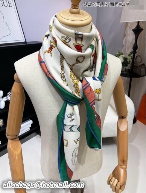 Well Crafted Hermes Cashmere & Silk Sqaure Shawl Scarf 140cm H8635 Beige/Green 2024