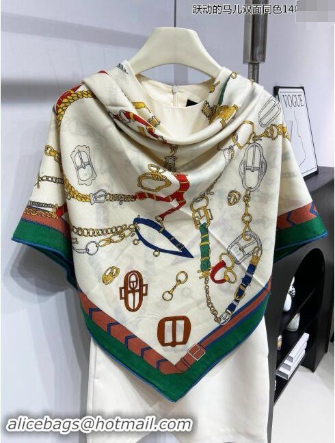 Well Crafted Hermes Cashmere & Silk Sqaure Shawl Scarf 140cm H8635 Beige/Green 2024