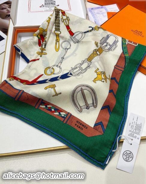 Well Crafted Hermes Cashmere & Silk Sqaure Shawl Scarf 140cm H8635 Beige/Green 2024