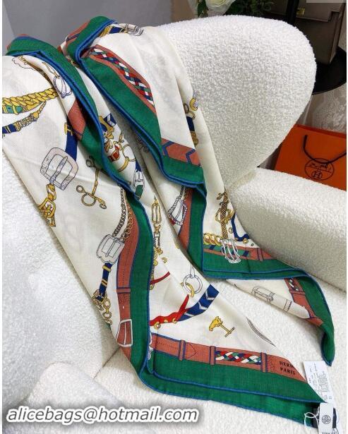 Well Crafted Hermes Cashmere & Silk Sqaure Shawl Scarf 140cm H8635 Beige/Green 2024