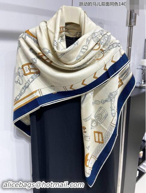 Top Design Hermes Cashmere & Silk Sqaure Shawl Scarf 140cm H8636 Beige/Blue 2024