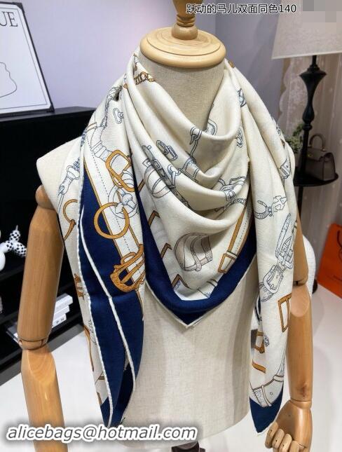 Top Design Hermes Cashmere & Silk Sqaure Shawl Scarf 140cm H8636 Beige/Blue 2024