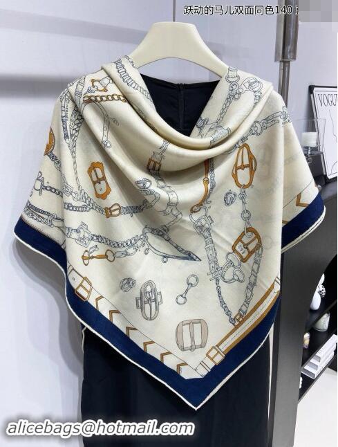 Top Design Hermes Cashmere & Silk Sqaure Shawl Scarf 140cm H8636 Beige/Blue 2024