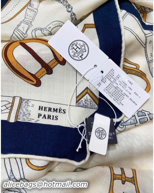 Top Design Hermes Cashmere & Silk Sqaure Shawl Scarf 140cm H8636 Beige/Blue 2024