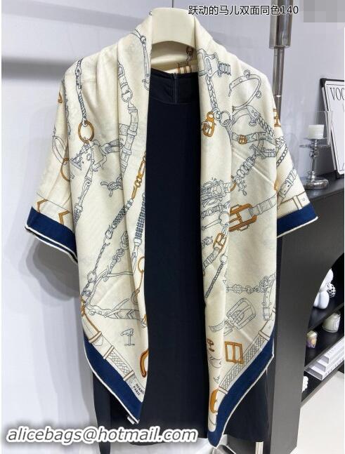 Top Design Hermes Cashmere & Silk Sqaure Shawl Scarf 140cm H8636 Beige/Blue 2024