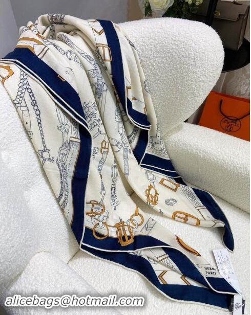 Top Design Hermes Cashmere & Silk Sqaure Shawl Scarf 140cm H8636 Beige/Blue 2024