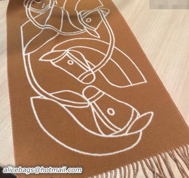 Well Crafted Hermes Entrelaces Equestres Cashmere Long Scarf 40x195cm 1078 Brown 2024