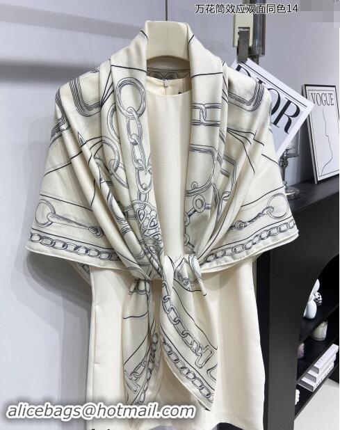 Super Quality Hermes Effet Kaleidoscope Cashmere Silk Shawl 140cm H1090 White 2024