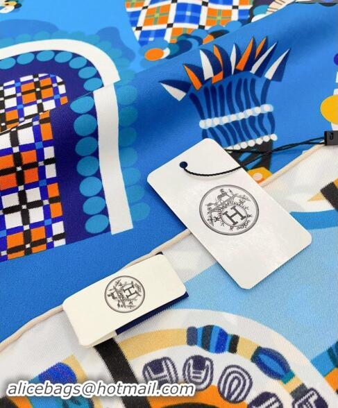 Shop Grade Hermes Haute Parure Silk Square Scarf 90x90cm H1091 Blue 2024