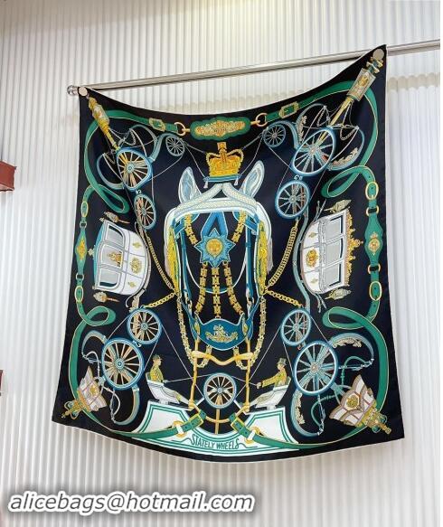 Promotional Hermes Stately Wheels Silk Square Scarf 90x90cm H1093 Black 2024